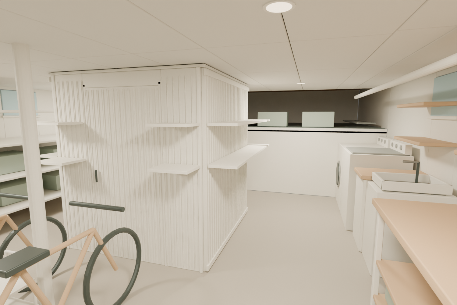Blender rendering of beadboard mechanical enclosure, thin shelves and laundry